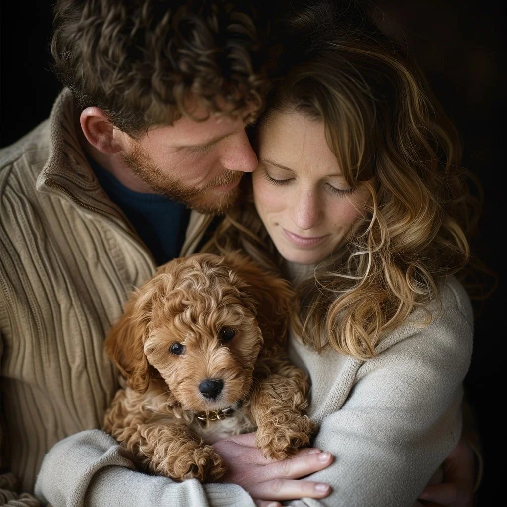 Glückliche Familie mit ihrem neuen Cavapoo Welpen von Poos vom Argental